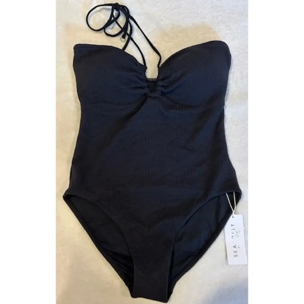 SEAFOLLY Black Halter Bandeau One Piece Tie Swimsuit Bathing Suit NWT Size 10